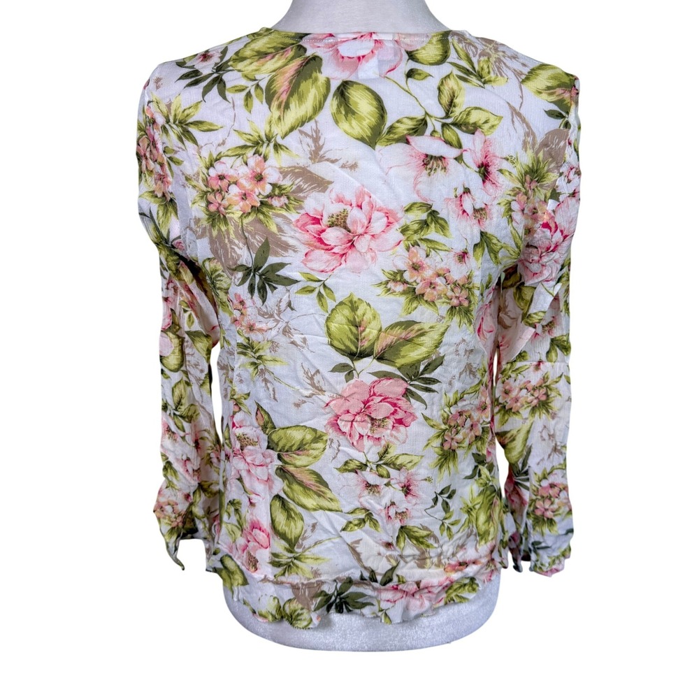 J. Jill Floral Ruffle Button Down Blouse Pink Green Rayon Petite Small‎ - Picture 2 of 10